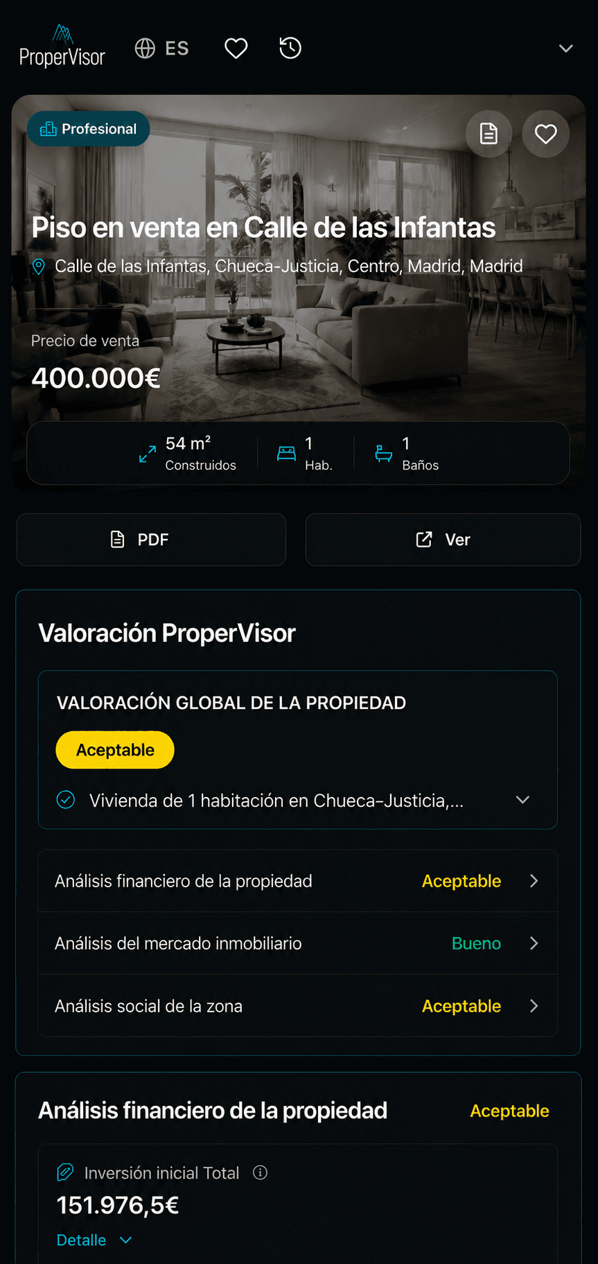 Captura de la app de ProperVisor mostrando la valoración Aceptable de un piso en venta en Madrid